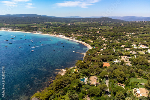 Aerial view of legendary Pampelonne beach near Saint-Tropez  summer vacation on white sandy beaches of French Riviera  France