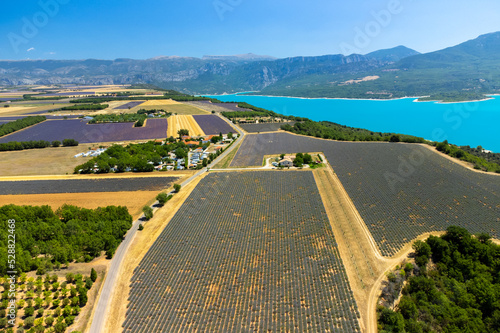 Aerial view on plateau Valensole with blossoming lavender fields near Riez, blue lake Sainte-Croix-du-Verdon, tourists destination  in Provence, France photo