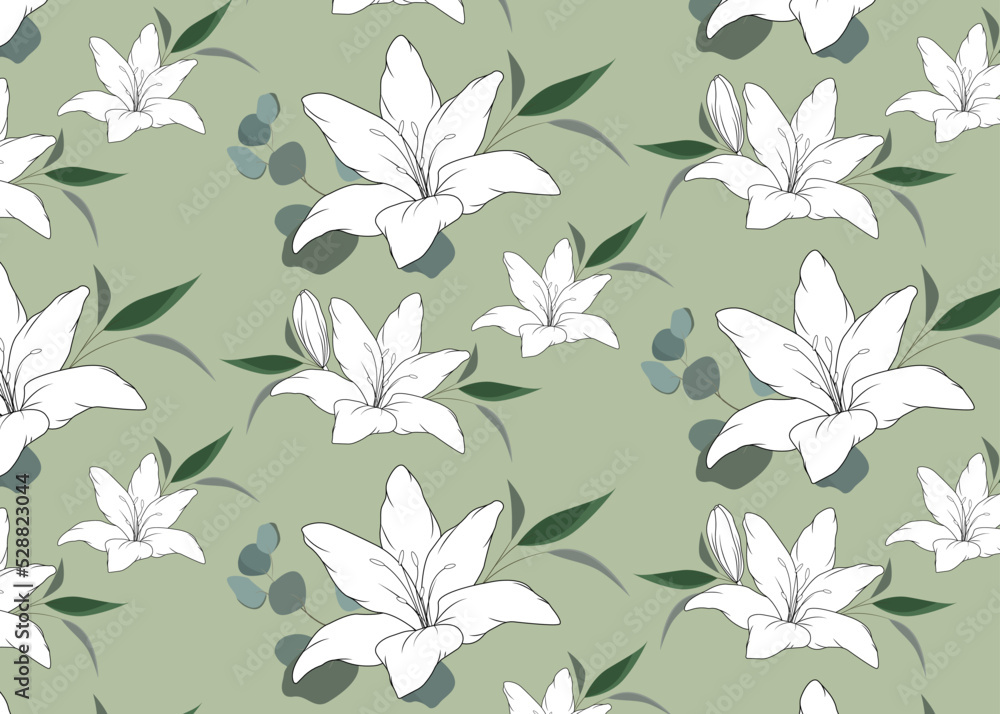 Fototapeta premium Seamless pattern of linear white lilies with botanical elements, eucalyptus, leaves, buds.