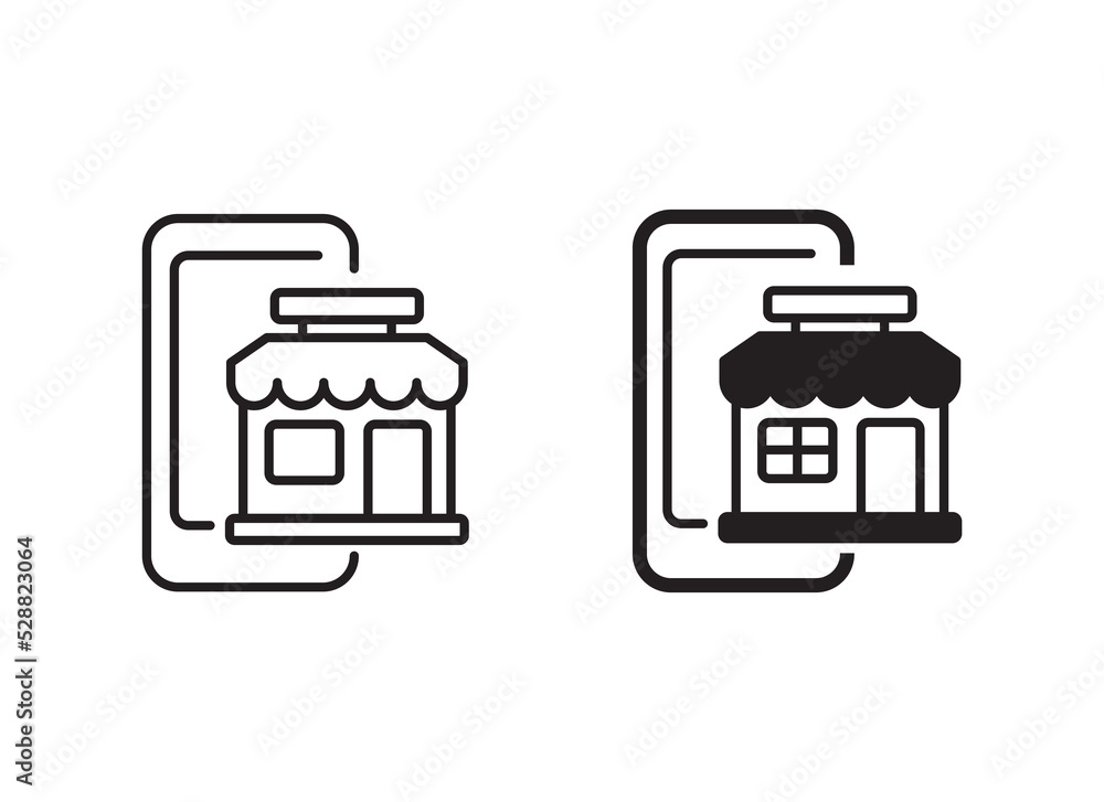 Smartphone and store vector illustration with a black and white color suitable for online shopping icon Smartphone and store vector illustration with a black and white color suitable for online shopping icon
