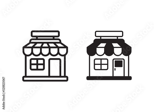 Store building icon with black and white design on isolated background