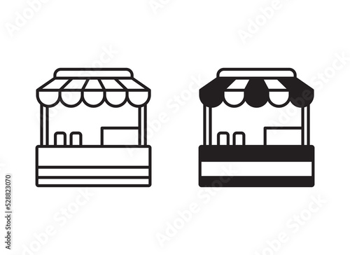 Street food stall icon with black and white design on isolated background