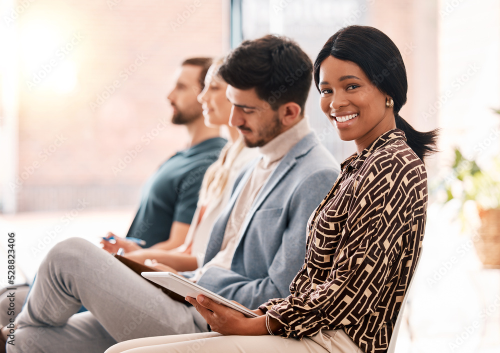 Business people, digital agency and interview with black woman in corporate, hiring or onboarding company. Recruitment, motivation and training with employees in seminar, conference or workshop Business people, digital agency and interview with black woman in corporate, hiring or onboarding company. Recruitment, motivation and training with employees in seminar, conference or workshop