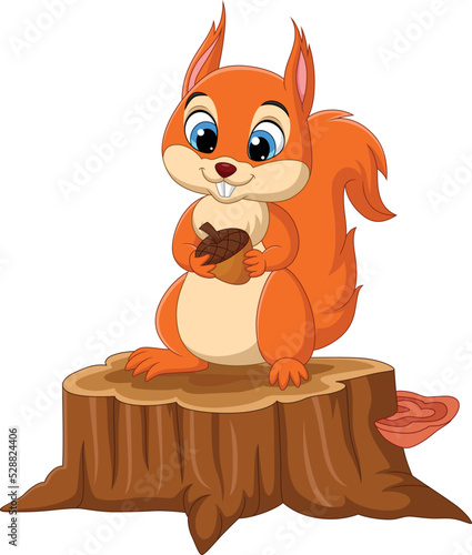 Fotografiet Cartoon funny squirrel holding a pine cone on tree stump