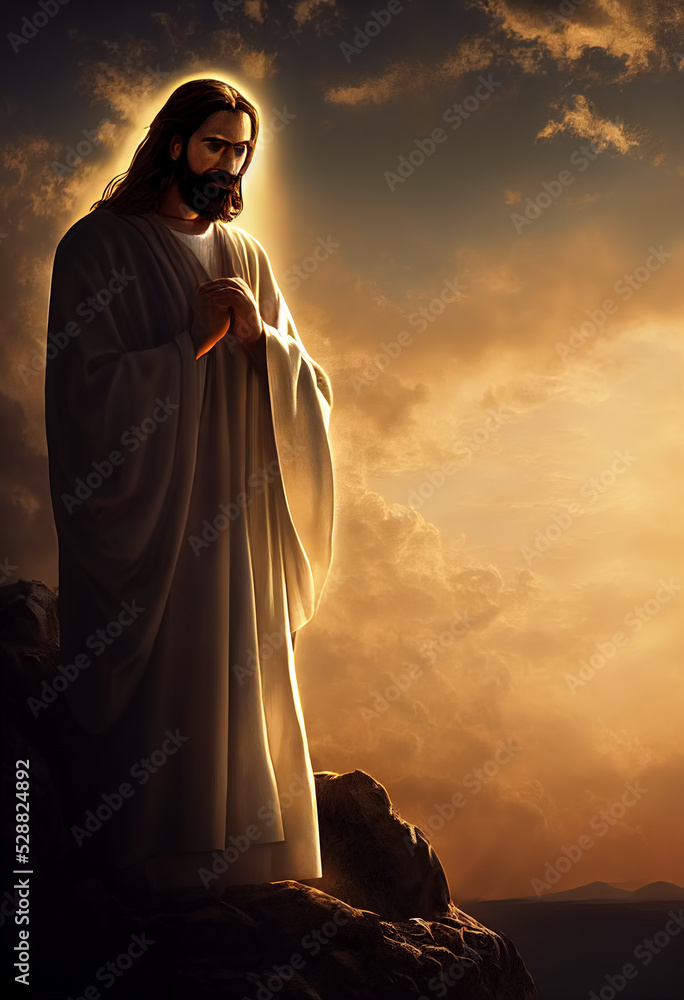 Jesus standing and praying at sunset, sunrise lit from sunrays, illustration Jesus standing and praying at sunset, sunrise lit from sunrays, illustration