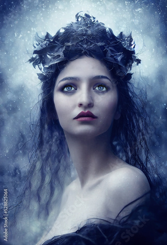Portrait of a beautiful young woman with frozen face, and crown of frozen brunches in cold snowy day, depicting Winter Queen Morana, created with Generative AI technology photo