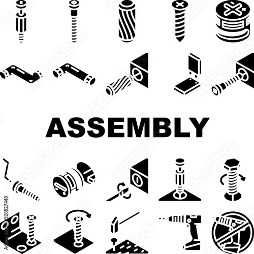 assembly instruction furniture icons set vector. manual diy, home repair tools construction, house assemble screw assembly instruction furniture glyph pictogram Illustrations