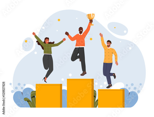 People celebrating business success. Young male and female entrepreneurs stand on podium, hold golden cup and jump. Rewarding joyful employees. Competition Winners. Cartoon flat vector illustration