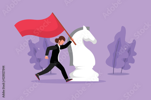 Cartoon flat style drawing happy businesswoman running and holding flag beside big horse knight chess. Business achievement goal  win competition. Metaphor concept. Graphic design vector illustration