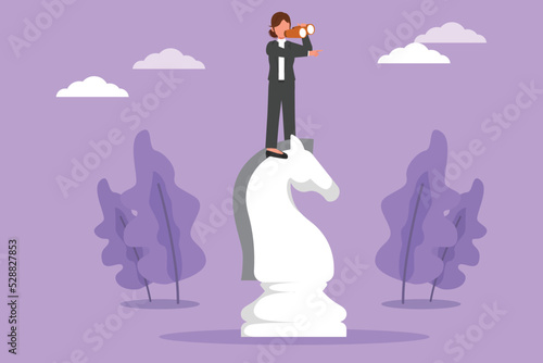 Character flat drawing visionary businesswoman on top of big horse chess piece using telescope looking for success idea, goals opportunities, future business trends. Cartoon design vector illustration