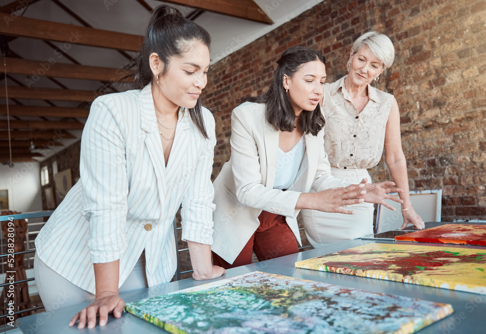 Fototapeta premium Painting, art and gallery manager planning exhibition with support, assistance and help from team. Communication, teamwork or collaboration of creative artwork museum workers working on paintings.