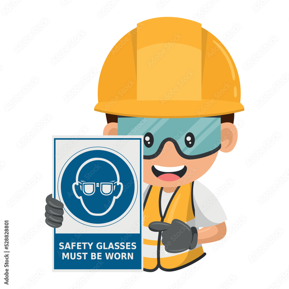Construction industrial worker with warning sign of mandatory use of safety glasses. Safety glasses must be worn. Industrial safety and occupational health at work Construction industrial worker with warning sign of mandatory use of safety glasses. Safety glasses must be worn. Industrial safety and occupational health at work