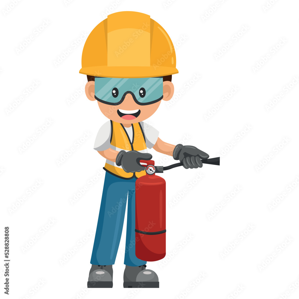 Industrial worker using a fire extinguisher with his personal protective equipment. Industrial safety and occupational health at work