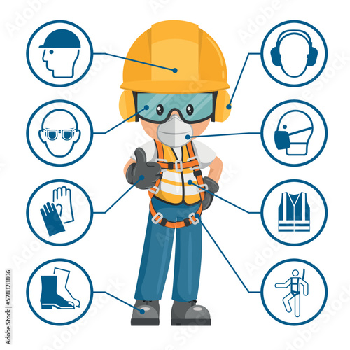 Construction industrial worker with personal protective equipment and icons, safety pictograms. Industrial safety and occupational health at work