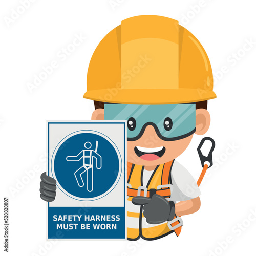 Construction industrial worker with safety harness mandatory use warning sign. Safety harness must be worn. Industrial safety and occupational health at work
