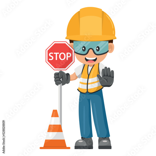 Industrial construction worker with a stop warning sign and safety cone. Worker with his personal protective equipment. Industrial safety and occupational health at work