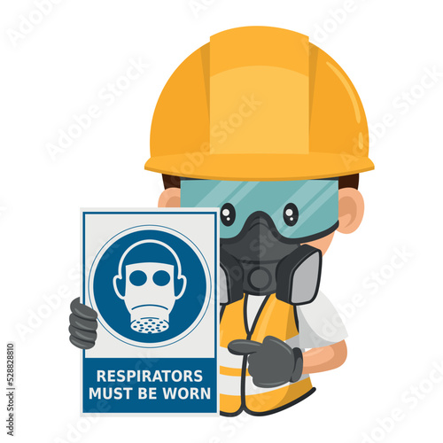 Industrial construction worker with a warning sign for the mandatory use of respirators. Respirators must be worn. Industrial safety and occupational health at work