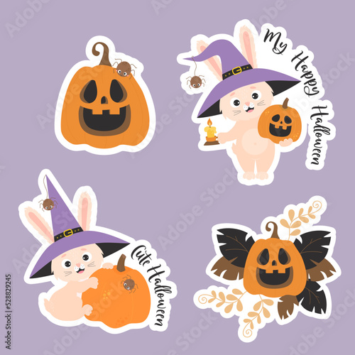 Halloween stickers. Cute halloween bunny in witch hat with spider and candle, pumpkin jack o lantern, and pumpkin with leaf decoration. Isolated vector elements for decor, design, decoration, print.