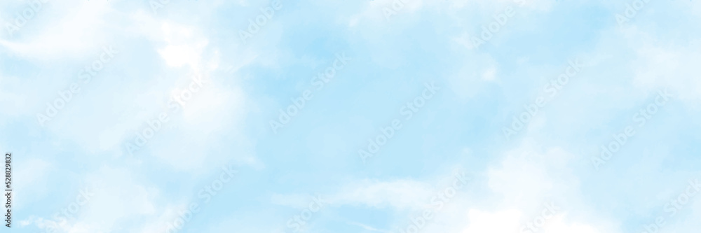 Blue sky in the soft white clouds. Natural cloudscape background, texture. Wide Horizontal Wallpaper With Copy Space