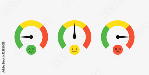 Feedback emoji slider emoticon satisfaction meter scale emoticon level scale rating emojis happy smile neutral sad angry emotions. three facial expression emojis with speedometer frame