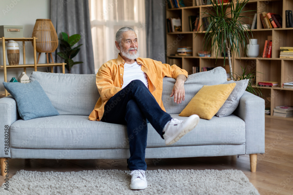 Obraz premium Relaxed elderly man chilling on couch at home