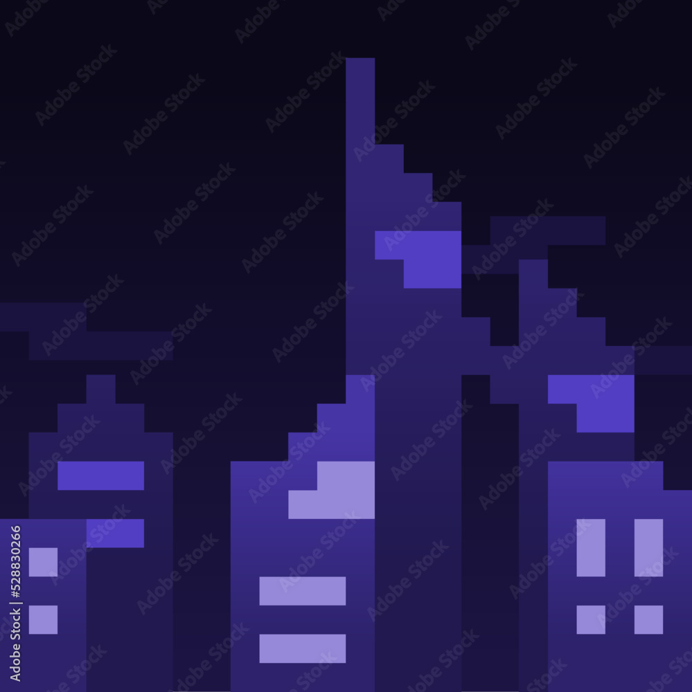 Illustration of Cityscape at Night, Pixelated Art Style Illustration of Cityscape at Night, Pixelated Art Style