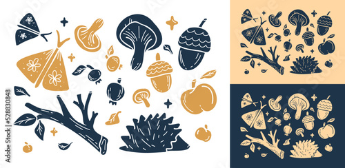 Linocut Folk Art Autumn Collection. Forest and Garden Elements. Vector Illustration. 