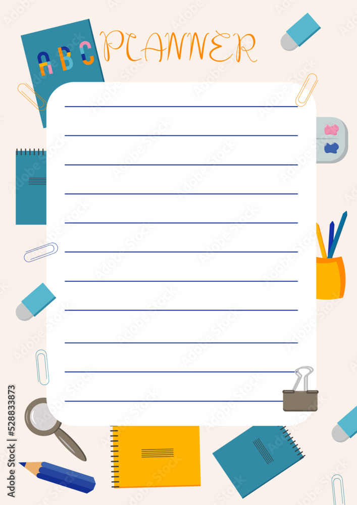 the planner for the student is decorated with stationery notebooks books markers paints pencils paper clips eraser the planner for the student is decorated with stationery notebooks books markers paints pencils paper clips eraser