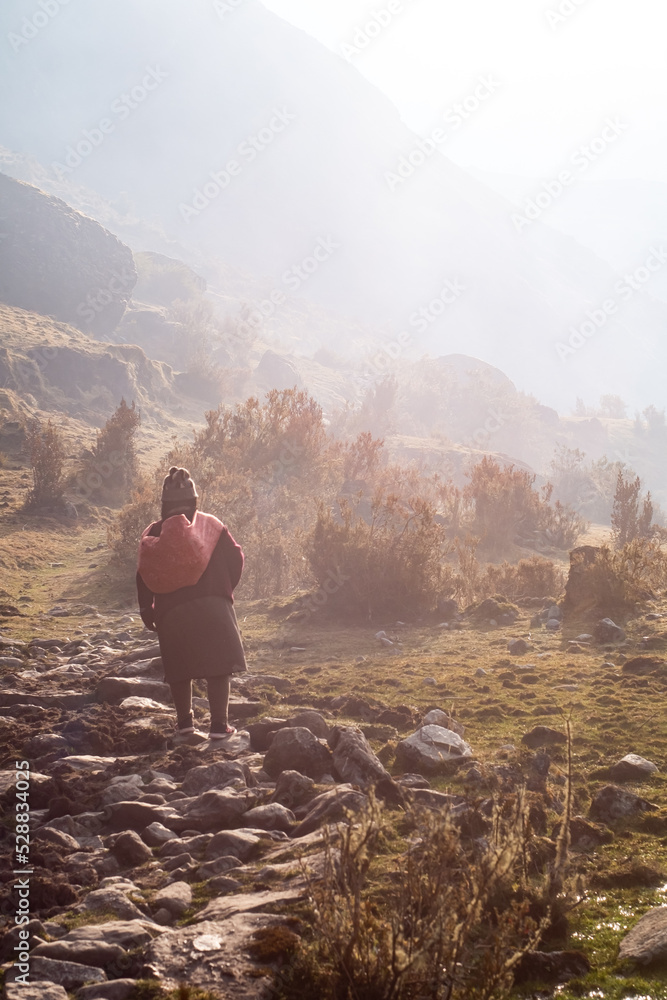 Obraz premium farmer woman carrying food in her Peruvian blanket.
