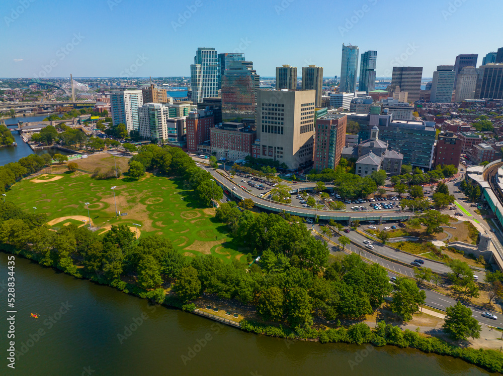 Naklejka premium Boston Massachusetts General Hospital and West End Skyline aerial view in city of Boston, Massachusetts MA, USA.