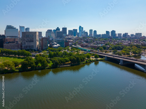 Boston financial district modern city skyline aerial view with Charles River  Boston Common and Beacon Hill historic district in downtown Boston  Massachusetts MA  USA. 