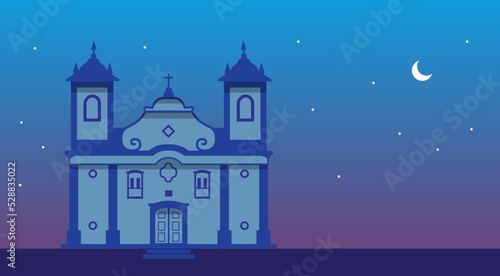 Igreja no Brasil a noite. Patrimônio histórico colonial. Estilo barroco. Arquitetura.