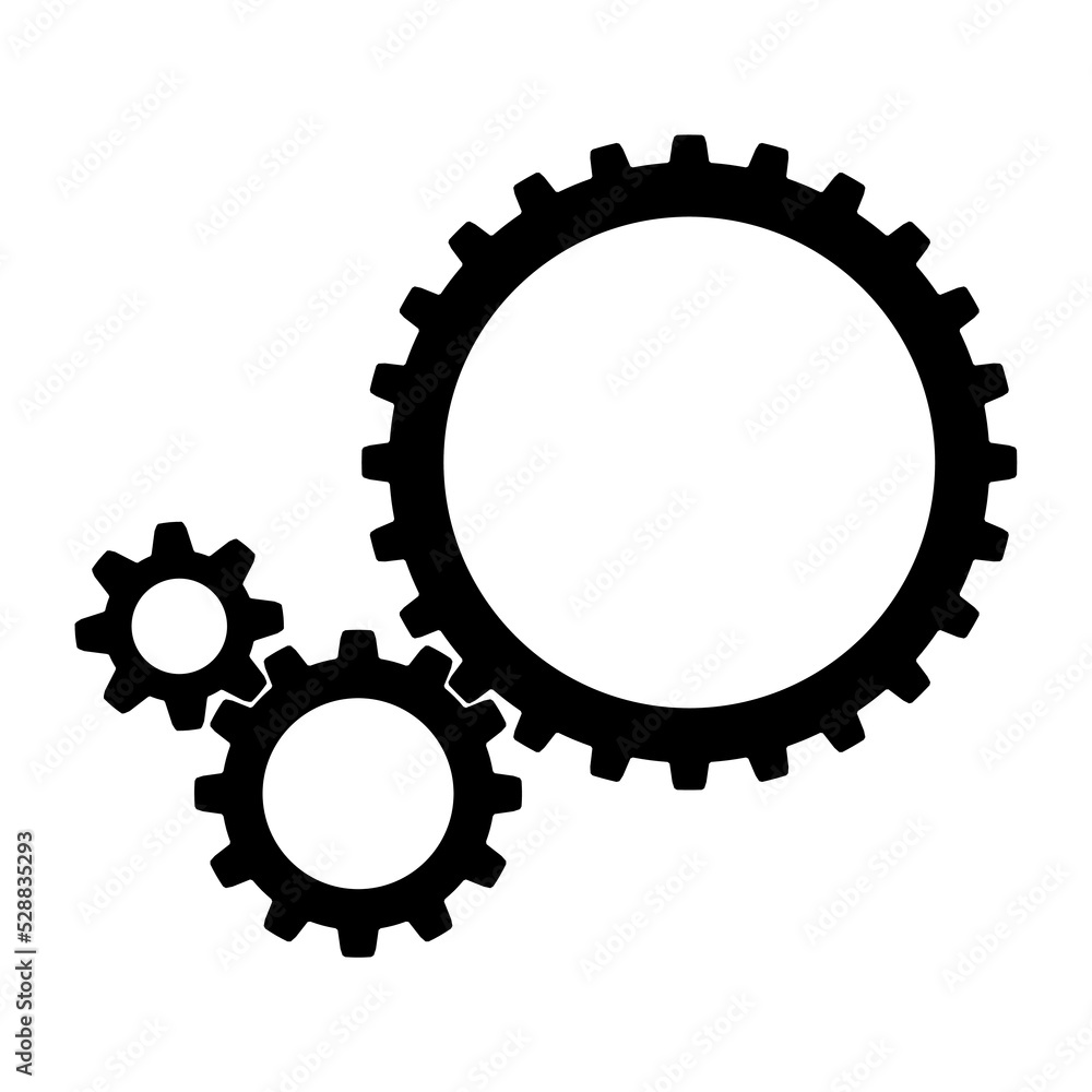 3 sizes of mechanical cogwheels, small 8 teeth, medium 12 teeth and large 24 teeth. Black silhouette gear icon design element. White background. Vector illustration. 3 sizes of mechanical cogwheels, small 8 teeth, medium 12 teeth and large 24 teeth. Black silhouette gear icon design element. White background. Vector illustration.