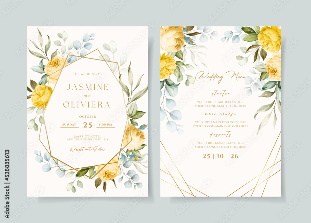 beautiful floral wedding invitation and menu template