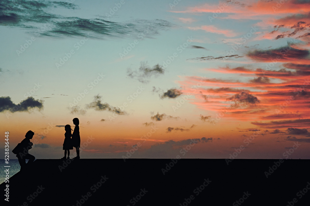 silhouette of children near the ocean at sunset