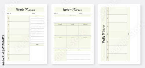 Colorful Weekly Planner Template Layout. Vertical Weekly Planner. Vector Weekly Planner Template Design. Business organizer page. Minimalist planner pages templates. Printable Planner Set.