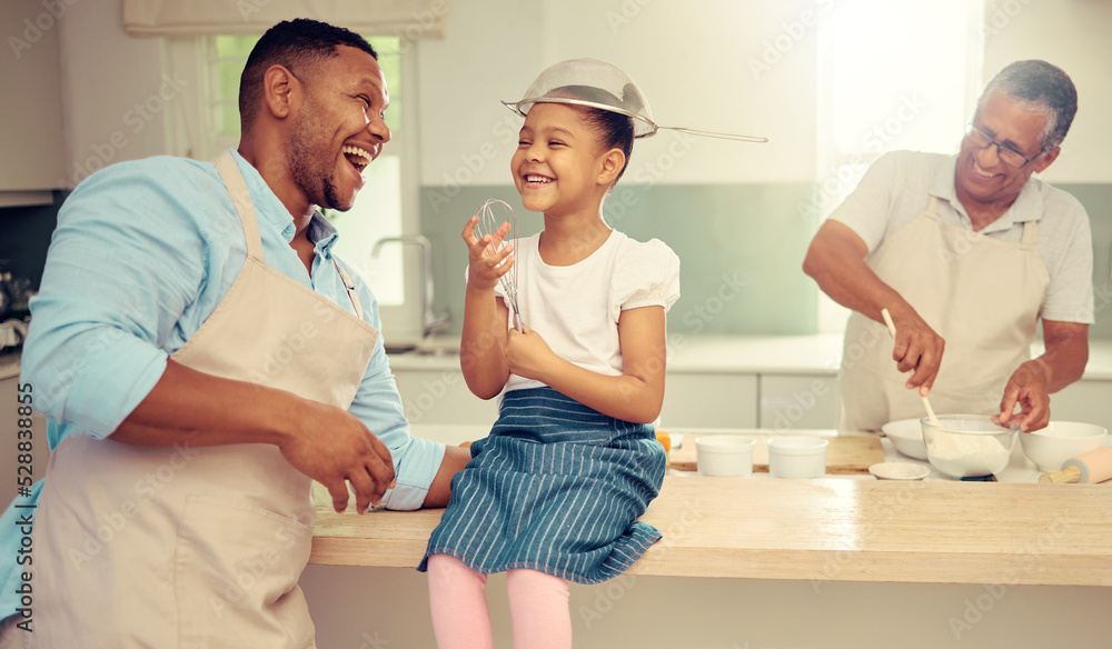 Girl, father and funny and crazy kitchen entertainment with child to bond with parent in home. Silly, cute and happy family relationship with innocent and goofy fun while cooking together. Girl, father and funny and crazy kitchen entertainment with child to bond with parent in home. Silly, cute and happy family relationship with innocent and goofy fun while cooking together.
