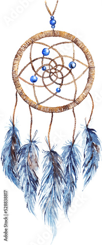 Watercolor ethnic tribal hand made feather dreamcatcher isolated art
