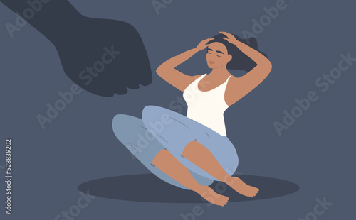 vector illustration in a flat style on the theme of domestic violence. a frightened woman sits on the floor, a fist is raised above he