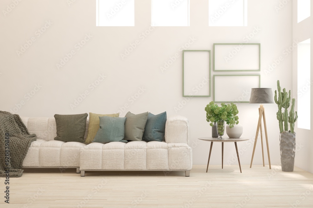 Fototapeta premium White living room with sofa. Scandinavian interior design. 3D illustration