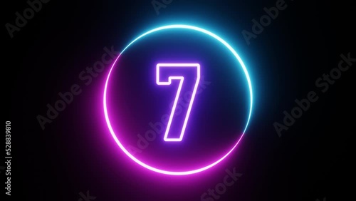 Digital countdown timer number ten to zero second with circular two tones of neon color light on black background. Cyberpunk blue and pink color on dark fluorescent light.  photo