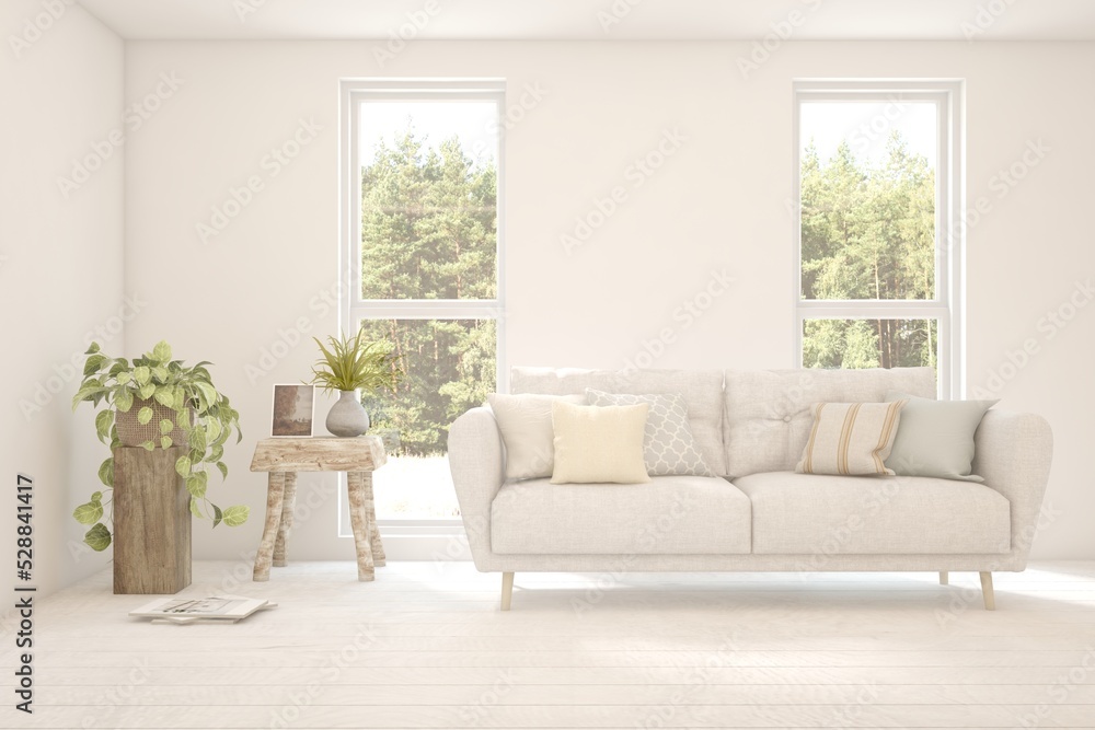 Naklejka premium White living room with sofa and summer landscape in window. Scandinavian interior design. 3D illustration