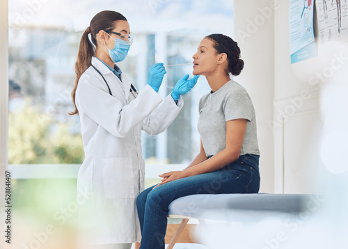 Covid, mask woman and patient mouth test with medical doctor specialist at consulting facility. Healthcare worker doing virus swab examination for person with coronavirus sickness symptoms.