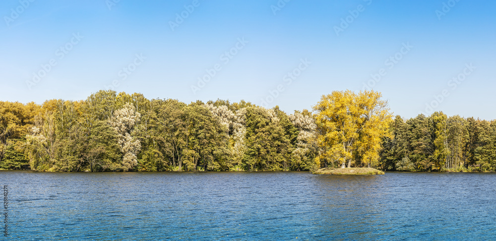 autumn forest on the river shore. panoramic landscape with blue sky and colorful trees. autumn forest on the river shore. panoramic landscape with blue sky and colorful trees.