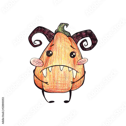 halloween. pumpkin monster doodle illustration. drawing with watercolor pencils. children's book illustration. for printing postcards, stickers, books, print on clothes. photo