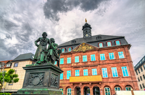 Monument to the Brothers Grimm and the Town Hall in Hanau, Hesse, Germany