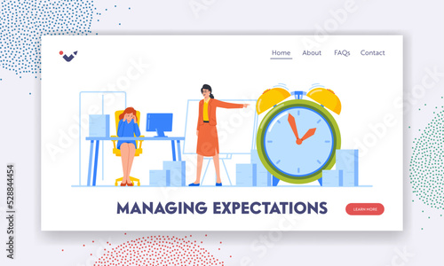 Managing Expectations Landing Page Template. Angry Boss Character Yell on Office Employee Showing on Alarm Clock