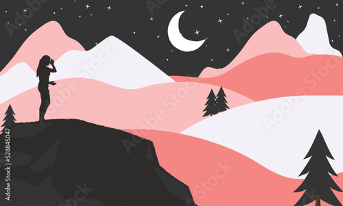 Mountains at night landscape flat vector illustration. Nature scenery with fir trees and hill peaks silhouettes on horizon. Valley and starry sky scene cartoon background.