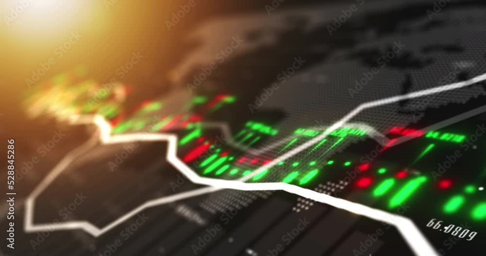 Stock market, forex and futuristic data with chart design and 3D light pattern for finance, cryptocurrency and money trading. Abstract zoom of global exchange software and future economy growth data