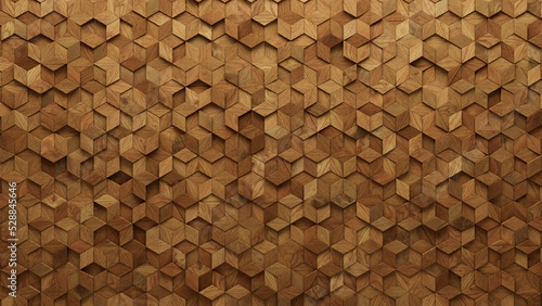 Diamond Shaped, Wood Mosaic Tiles arranged in the shape of a wall. 3D, Soft sheen, Blocks stacked to create a Natural block background. 3D Render photo